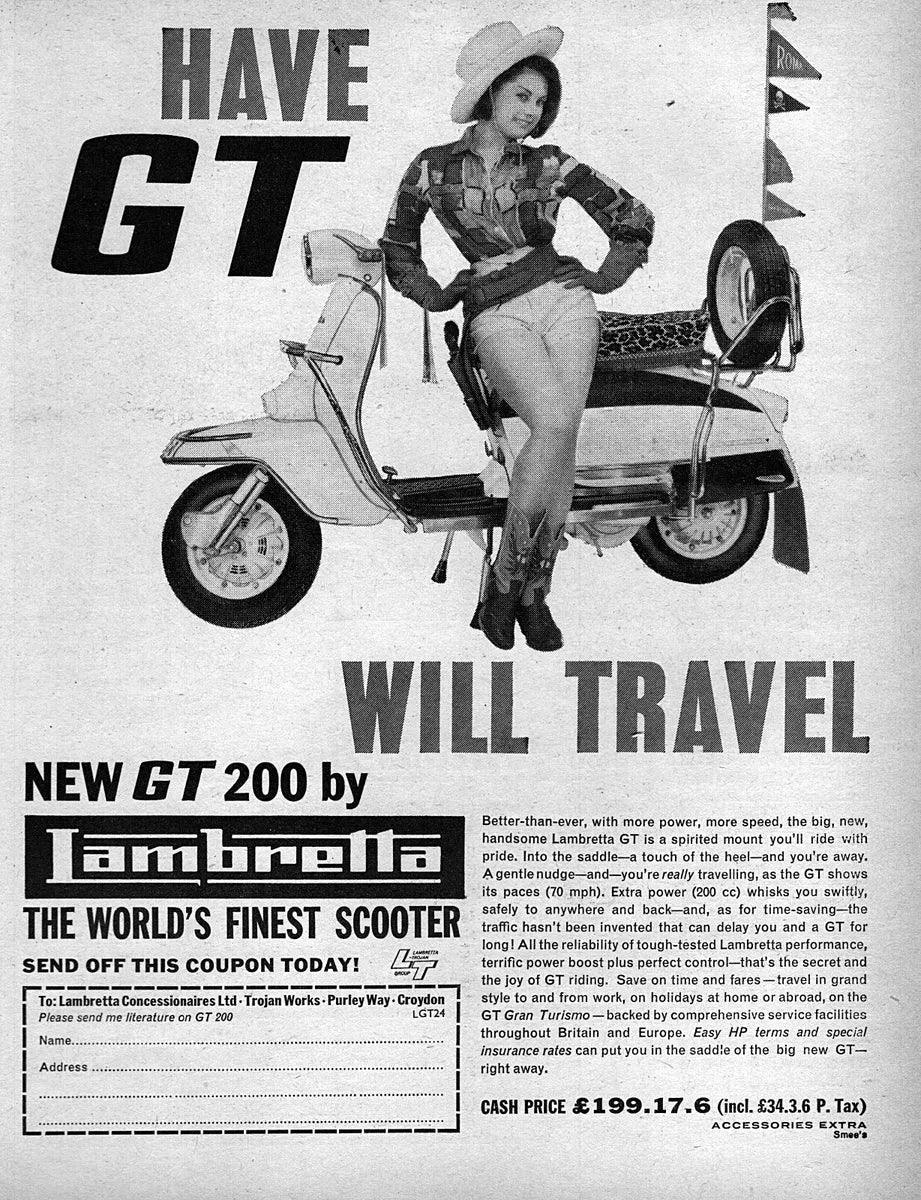 GT WILL TRAVEL T-Shirt Inspired by Classic Adverts of Lambretta Scooters (4 Colour Options) Small to 4XL (Copy) - SOUND IS COLOUR