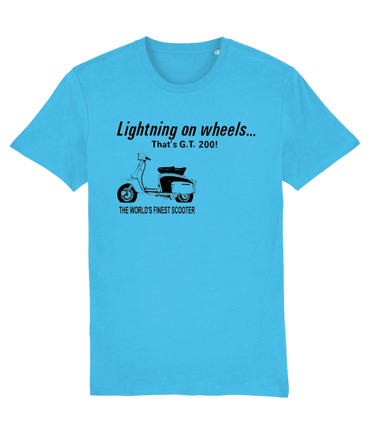 LIGHTNING ON WHEELS: T-Shirt Inspired by Classic GT 200 Lambretta Scooters (4 Colour Options) Small to 3XL - SOUND IS COLOUR
