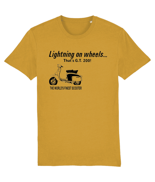 LIGHTNING ON WHEELS: T-Shirt Inspired by Classic GT 200 Lambretta Scooters (4 Colour Options) Small to 3XL - SOUND IS COLOUR