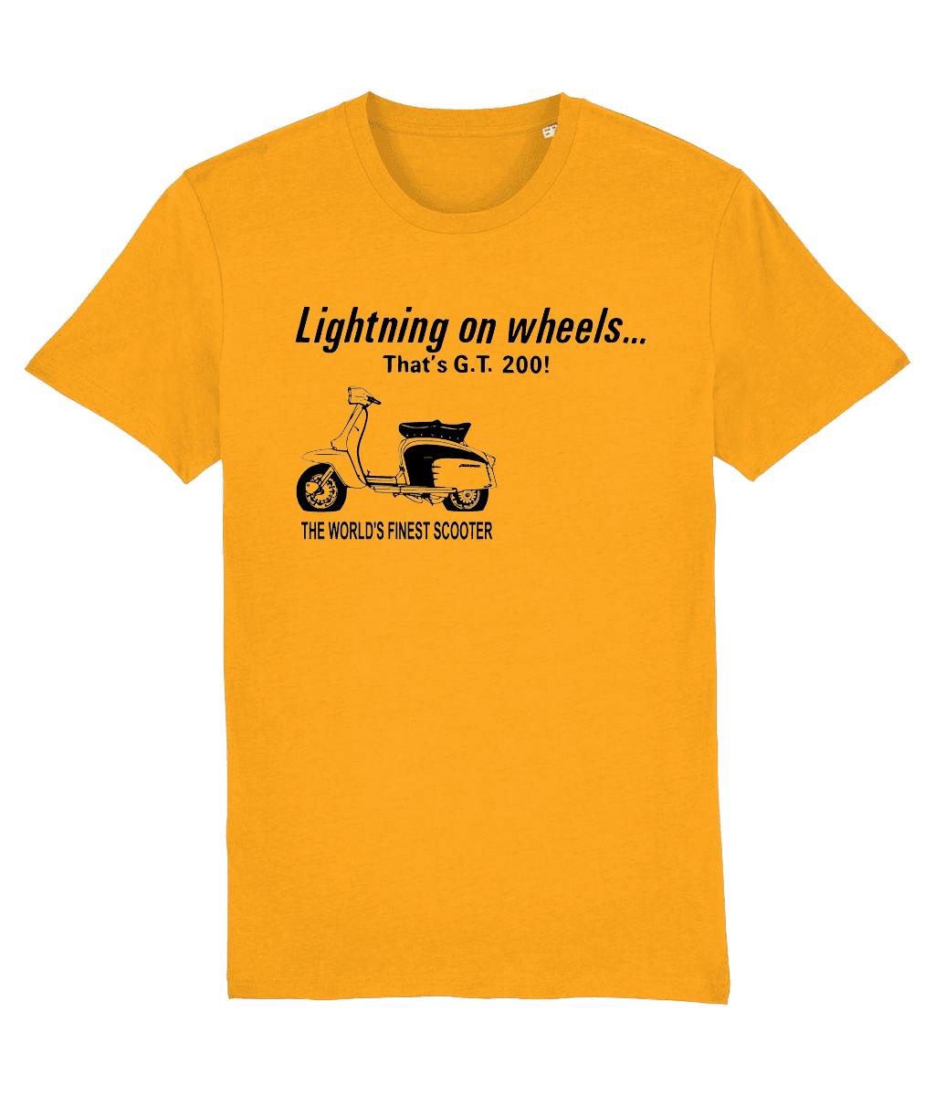 LIGHTNING ON WHEELS: T-Shirt Inspired by Classic GT 200 Lambretta Scooters (4 Colour Options) Small to 3XL - SOUND IS COLOUR