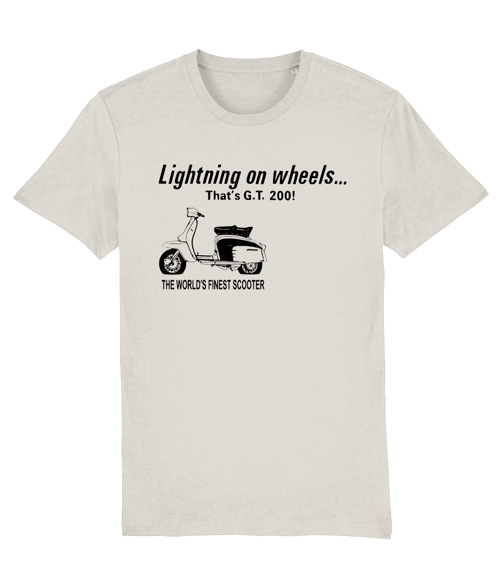 LIGHTNING ON WHEELS: T-Shirt Inspired by Classic GT 200 Lambretta Scooters (4 Colour Options) Small to 3XL - SOUND IS COLOUR