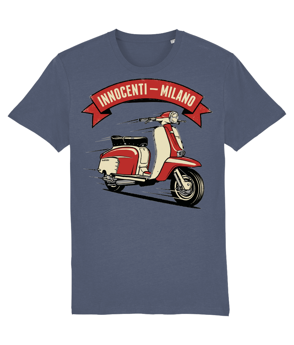 INNOCENTI MILANO RED: T-Shirt Inspired by Classic Lambretta Scooters (3 Colour Options) Small to 3XL