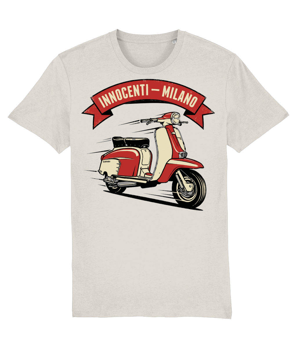 INNOCENTI MILANO RED: T-Shirt Inspired by Classic Lambretta Scooters (3 Colour Options) Small to 3XL