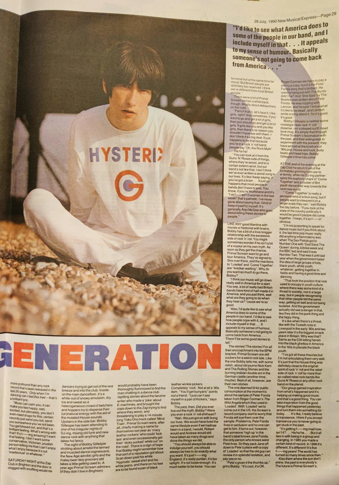HYSTERIC 1990: Long Sleeve T-Shirt As Worn by Bobby Gillespie (Primal Scream). 3 Colours Small to 3XL - SOUND IS COLOUR