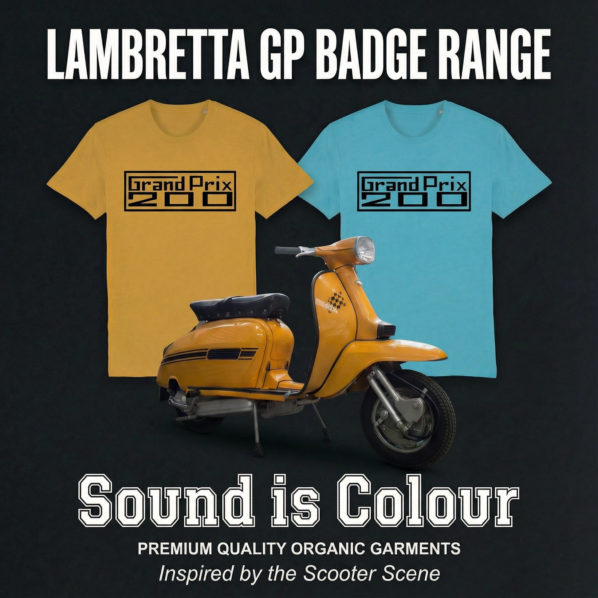GRAND PRIX 200: T-Shirt Inspired by Classic Lambretta Scooters (5 Lambretta Colour Options) Small to 3XL - SOUND IS COLOUR