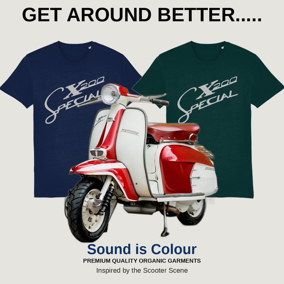 SX200 T-Shirt Inspired by ClassicLambretta Scooters (Silver Badge with 4 Colour Options) Small to 4XL - SOUND IS COLOUR