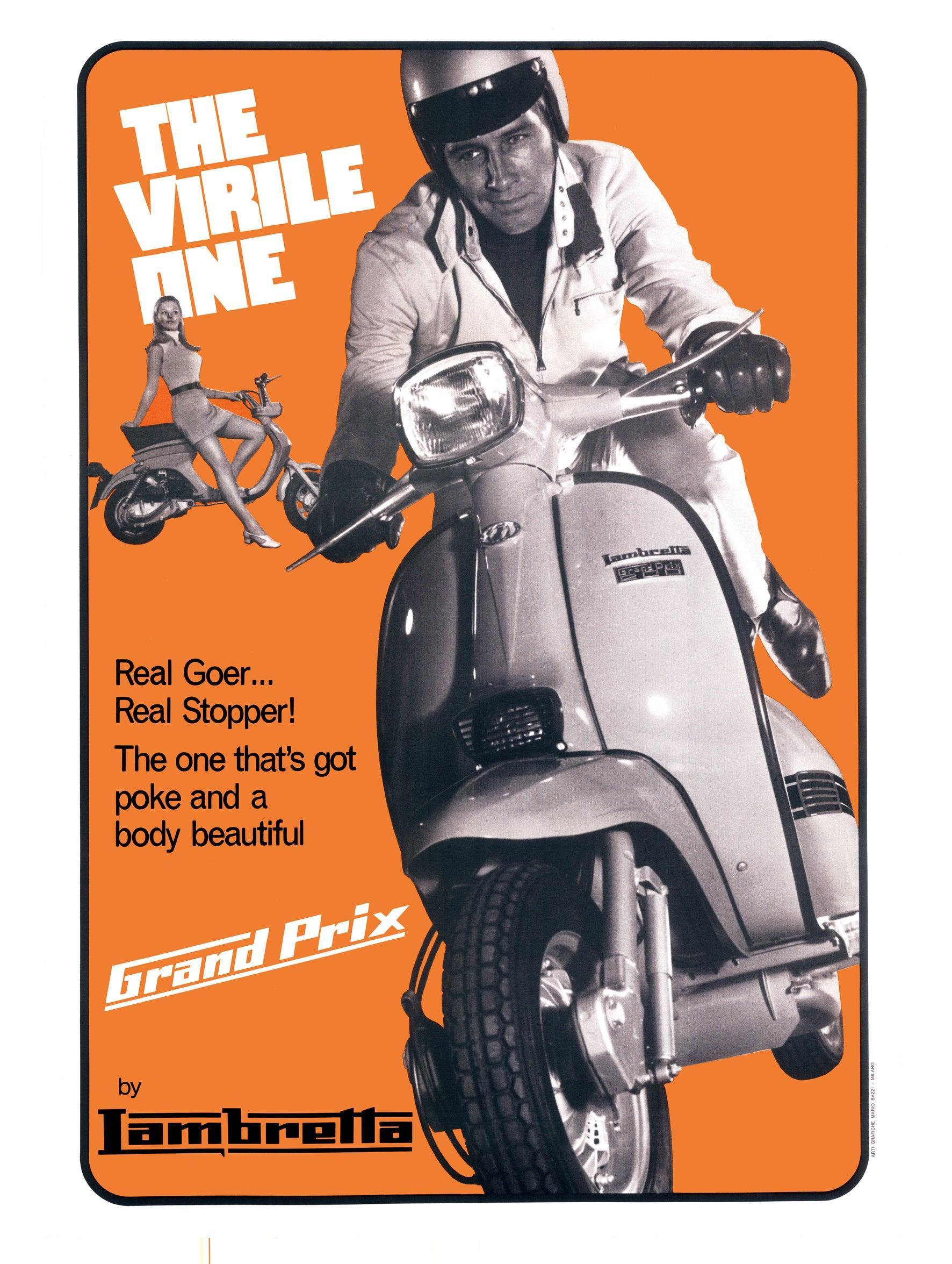 The VIRILE ONE: T-Shirt Inspired by Lambretta GP Adverts (4 Colour Options) Small to 4XL - SOUND IS COLOUR